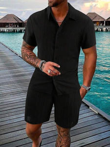 Men's Summer Fashion Two-Piece Set Breathable Casual Beach Shorts Solid Pattern Men's Suit - Product Image 4
