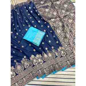 RICH LOOK VISCOSA DOLA SEDA TEJIDO TRABAJO SAREE CON BLUSA SIN COSTURA AZUL MARINO - Product Image 1