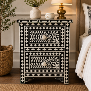Elegante Mesa Auxiliar Hecha a Mano con Incrustaciones de Hueso y Resina, con 2 Cajones de Almacenamiento, Mesita de Noche de Lujo con Incrustaciones de Hueso para Dormitorio - Product Image 2