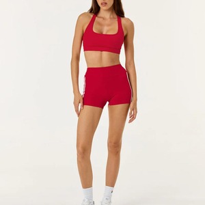 <b>Red</b> Two Piece Halter Yoga Set High Waist Shorts <b>Crop</b> <b>Top</b> Solid Color Spandex Polyester Sweat Wicking Breathable Quick Dry - Product Image 1