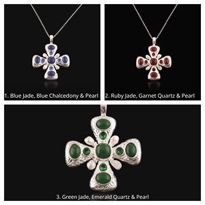 Pendentif Croix Vintage Chrétien en Laiton Plaqué Argent 18 carats avec Pierre Naturelle (Jade, Calcédoine, Quartz, Perle) - Product Image 2