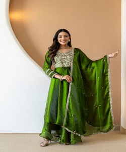 <b>Green</b> <b>Silk</b> Embroidered Floor-Length Anarkali Suit Dupatta Women Traditional Wear India Pakistan Style 86202 BHAWANI- BT-1029 - Product Image 1