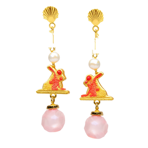 Gold Plated Brass Animal Geometric Pendulum Earrings with Pearl and Coral - Product Image 3
