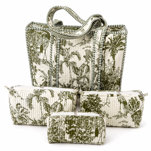 ชุดกระเป๋าถือผ้าฝ้ายลายป่าสีเขียว กระเป๋าโท้ทแบบเย็บลายพร้อมกระเป๋าซิปใส่เครื่องสำอางและอุปกรณ์เดินทาง - Product Image 2