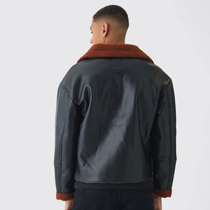 <b>Men's</b> Genuine Leather <b>Shearling</b> Jacket With Zipper Closure Winter Moto Style Thick Warm <b>Coat</b> Black Color Regular Fit - Product Image 2