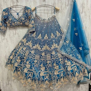 Lehenga Choli en soie bleue tendance avec broderie dorée pour femmes, tenue de mariage indienne traditionnelle, provenant d'un fournisseur indien. - Product Image 2