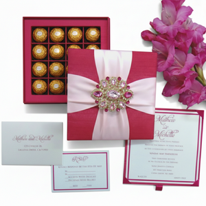 Duallush Designs Luxury Raspberry Pink Silk <b>Wedding</b> Invitation <b>Box</b> Cross Satin Ribbon Crystal Brooch Matching <b>Card</b> Chocolate - Product Image 3