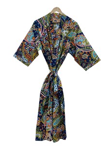 Robe kimono bleu foncé à imprimé floral, longueur intégrale, manches courtes, col en V, fermeture à cordon, vêtements de nuit décontractés d'été - Product Image 1