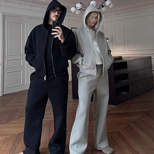 Ensemble de survêtement streetwear unisexe personnalisé en tissu éponge et néoprène, pull vierge uni 300g, imprimé sérigraphié, coupe ample et oversize - Product Image 1