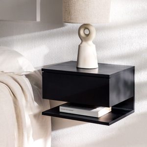 Black Solid Wood Modern Nordic <b>Wall</b> Mounted <b>Floating</b> Nightstand Bedside Table End Table with Storage <b>Shelf</b> for Apartment Bedroom - Product Image 1