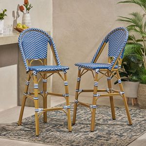 Set di 2 sgabelli da bar francesi in rattan PE da esterno da 29,5 pollici, colore verde acqua scuro e bianco, con struttura in alluminio e finitura in bambù - Product Image 4