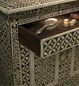Buffet en bois massif avec incrustations en os, fait main, écologique, console de rangement à deux portes, style antique industriel, meuble de salon - Product Image 4