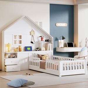 Letto singolo bianco per bambini con finestra, cassetti laterali e mensole, set di prese e porta USB - SKU precedente - Product Image 1