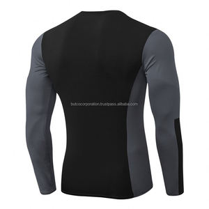 Camiseta de compresión deportiva de manga larga de Color puro para hombre, cuello personalizado, tejido elástico de punto, pantalla de seda, venta al por mayor, patrón sólido - Product Image 4