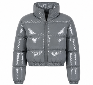 OEM Custom Logo Winter Puffer Crop Style <b>Grey</b> Shine <b>Jacket</b> Women Hooded Down Coat <b>Waterproof</b> Windproof Thermal Outerwear - Product Image 4