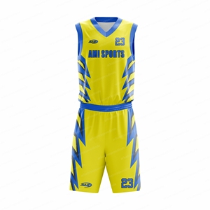 Conjunto de Camiseta y Pantalones Cortos de Baloncesto Personalizados AMI SPORTS, Diseño Geométrico Amarillo y Azul Sublimado, Ropa Deportiva Unisex para Adultos - Product Image 2