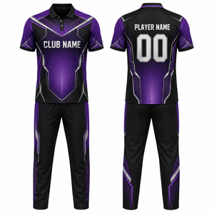 Uniforme de Cricket Personalizado con Sublimación, Unisex, Morado y Negro, Conjunto Deportivo Transpirable, 100% Poliéster, Talla Adulto, Fusión sin Costuras - Product Image 1