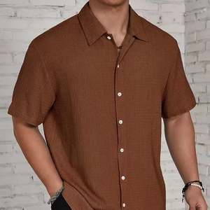 Men Fashion Textured Short Sleeve Button <b>Down</b> Shirt Casual Summer Resort Cuban Collar Lightweight Streetwear OEM - Product Image 1