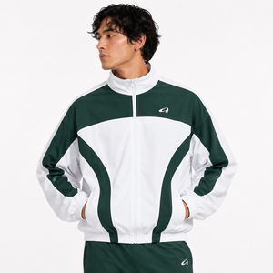 Men's White Green Color Block Track <b>Jacket</b> With <b>Zipper</b> Stand Collar Sporty Style Breathable Polyester Spring Racer Men's <b>Jackets</b> - Product Image 1