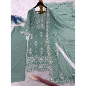 ชุดเสื้อผ้าอินเดียและปากีสถานสวยงามสำหรับงานปาร์ตี้ ชุดเสื้อและกางเกงพร้อมผ้าคลุมไหล่ - Product Image 6