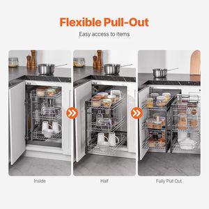 Organizzatore per Armadio da Cucina a 3 Livelli e 6 Ripiani, Apertura 15'' L, Organizzatore Estraibile per Angolo Cieco, Cestelli Portaoggetti in Acciaio al Carbonio Cromato - Product Image 4
