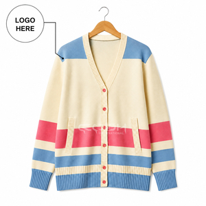 Cardigan en tricot pour femme Cosh International avec logo personnalisé, col en V, manches longues, rayures, blocs de couleur, haut décontracté avec poches - Product Image 1