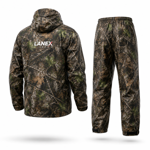 Real Tree Sublimation Design <b>Men's</b> Hooded Rain <b>Jacket</b> and Pants Set Windproof Outdoor Hunting Fishing Gear Regular Fit Polyester - Product Image 3