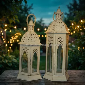 <b>White</b> Hexagon <b>Lantern</b> With Glass Panels Die Cutting Printing Heat Resistant Home Decoration With Lid - Product Image 4