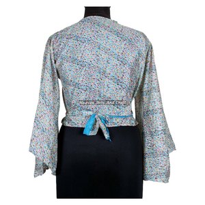 Silk Tie-<b>Top</b> Women Recycle Silk <b>Top</b> Indian Silk Wrap <b>Top</b> Bell Sleeve Tie Front Hippie <b>Top</b> Silk Retro Style Free Size Casual - Product Image 5