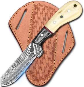 Couteau de chasse et de cowboy occidental en acier Damas à lame droite, manche en os de chameau et bois, motif échelle, pour le camping, OEM, faibles MOQ - Product Image 1