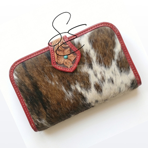Western Tooled Leather Clutch Red Wallet Handmade Cowhide Cowgirl Purse Floral Engraved Evening Hair On Hide <b>Wristlet</b> Bag - Product Image 2