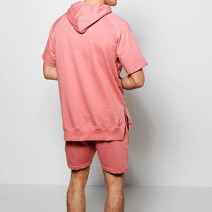 Men's Pink Hooded Short Sleeve Stand <b>Collar</b> <b>T</b>-<b>Shirt</b> Sublimation Printed Logo Casual Summer Wear 100% Cotton Fleece Knitted - Product Image 4