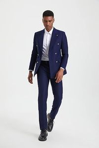 Men Double Breasted Navy Blue <b>Wool</b> Blend Suit Jacket <b>Pants</b> Set Business Formal Wear Anti-Wrinkle Notched Collar - Product Image 2