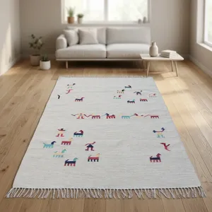 Alfombra Rectangular Tejida a Mano Estilo Kilim HILTEX, Mezcla de Lana Bohemia con Estampado Animal y Flecos para Sala de Estar - Product Image 2