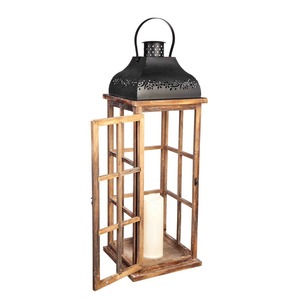 Wooden Rectangular Lantern with Black Metal Top and Glass Panels for Home Decoration - Product Image 5