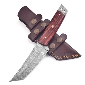 Couteau Tanto à lame fixe en acier Damas Mortal Saga de qualité industrielle OEM, manche en bois de rose, fourreau de transport Scout, lame pleine longueur, pour Bushcraft et Chasse - Product Image 5