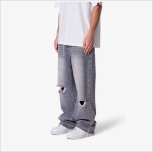 Pantalones de hombre al por mayor: Jeans baggy de mezclilla lavada estilo streetwear, nuevos jeans acampanados baggy de mezclilla lavada para hombre, de cintura media y bajo precio. - Product Image 4