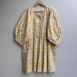 Robe décontractée pour femme, col en V, mi-longue, tissée, 100% coton, unie/à imprimé floral, doublure en coton, manches courtes, taille empire, style babydoll - Product Image 5