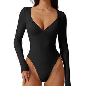 Women One Piece Bodysuit Deep V Neck Long Sleeve High Cut Solid Color Spandex Nylon Seamless Knitted Stretchwear - Product Image 3