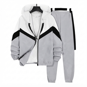 Conjunto Deportivo Informal de Dos Piezas, Sudadera con Capucha y Pantalones Jogger en Gris Claro, Mezcla de Poliéster/Algodón, Diseño Color Block, Ropa Personalizada - Product Image 1