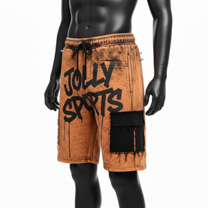 Pantalones Cortos de Algodón Pesado con Lavado Ácido para Hombre, 280 GSM, Tela de Felpa Suave Premium, Panel con Parche Marrón, Logotipo Personalizado - Product Image 5