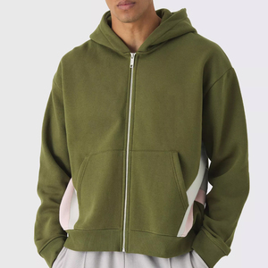 Sudadera con Capucha y Cierre para Hombre, Color Verde Oliva, Corte Regular, Diseño Casual de Color Sólido con Bolsillos de Felpa, para Otoño - Product Image 1