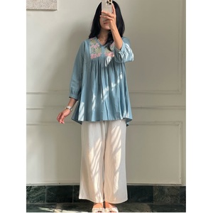 Haut et pantalon palazzo en pur coton, nouvelle création, avec broderie originale, pour femmes, d'un fournisseur indien. - Product Image 1