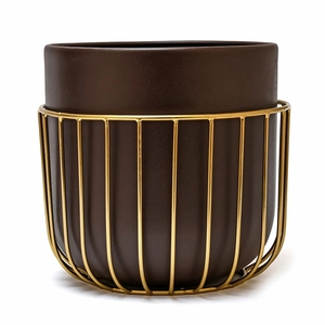 Support de pot de fleurs d'intérieur marron foncé de qualité supérieure avec cadre en fil doré géométrique, support emboîtable pour l'esthétique de la maison et du bureau - Product Image 6