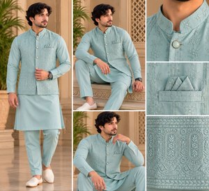 Conjunto de Pijama Kurta Koti de Satén Malai Premium para Hombre |   Conjunto de Ropa Étnica de 3 Piezas para Ocasiones Festivas y Bodas, Diseño de Alta Costura - Product Image 5