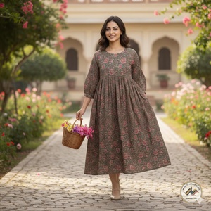 Floral A LINE Cotton Floor Length Dress O Neck <b>Three</b> Quarter Puff Sleeves Women's Daily Wear Embroidery Summer Outfit - Product Image 2