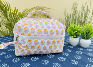 Personalized Vintage Water Resistant Large Capacity Cotton Quilted Hand Block Print Yellow Zipper Eco-Friendly <b>Makeup</b> Bag Dopp - Product Image 1