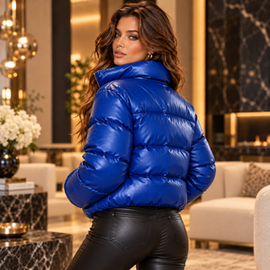 Chaqueta acolchada de cuero azul para mujer, chaqueta de invierno, cuello alto, con cremallera, ropa exterior de moda, abrigo cálido y elegante, venta al por mayor - Product Image 4