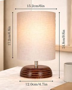 Modern Round <b>LED</b> <b>Table</b> Lamp Fabric Shade Wood Grain Base <b>Bedside</b> Desk Light for Living Room Bedroom Hotel Housewarming - Product Image 5