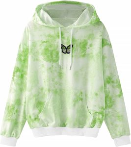 Sweat-shirt à capuche vert tie-dye pour femme avec imprimé papillon, poche avant, manches longues, tricoté, décontracté, pour le printemps - Product Image 2